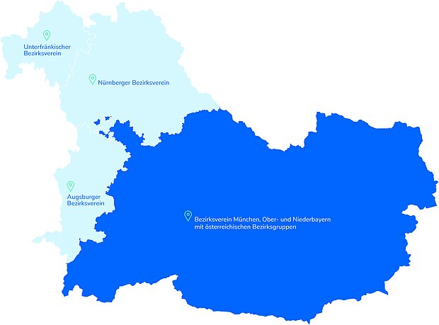 Landkarte mit den vier VDI Bezirksvereinen in Bayern