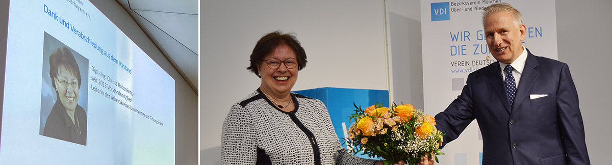 Dipl.-Ing. Christa Holzenkamp und Andreas Wüllner bei der Verabschiedung mit Blumen in der Hand