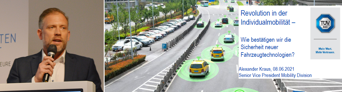 Alexander Kraus mit Mikrofon in der Hand und Slider mit dem Namen des Vortrags: „Revolution in der Individualmobilität – Wie bestätigen wir die Sicherheit neuer Fahrzeugtechnologien?“